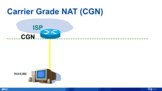 10.0.0.202
Carrier Grade NAT (CGN)
ISP
CGN
 
