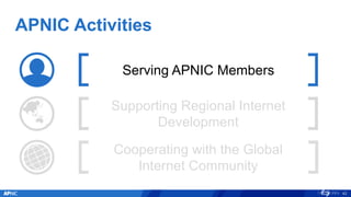 APNIC Activities
42
Serving APNIC Members
Supporting Regional Internet
Development
Cooperating with the Global
Internet Community
 