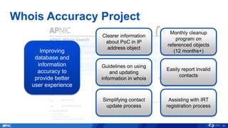 Whois Accuracy Project
21
Simplifying contact
update process
Assisting with IRT
registration process
Clearer information
about PoC in IP
address object
Guidelines on using
and updating
information in whois
Monthly cleanup
program on
referenced objects
(12 months+)
Easily report invalid
contacts
Improving
database and
information
accuracy to
provide better
user experience
 