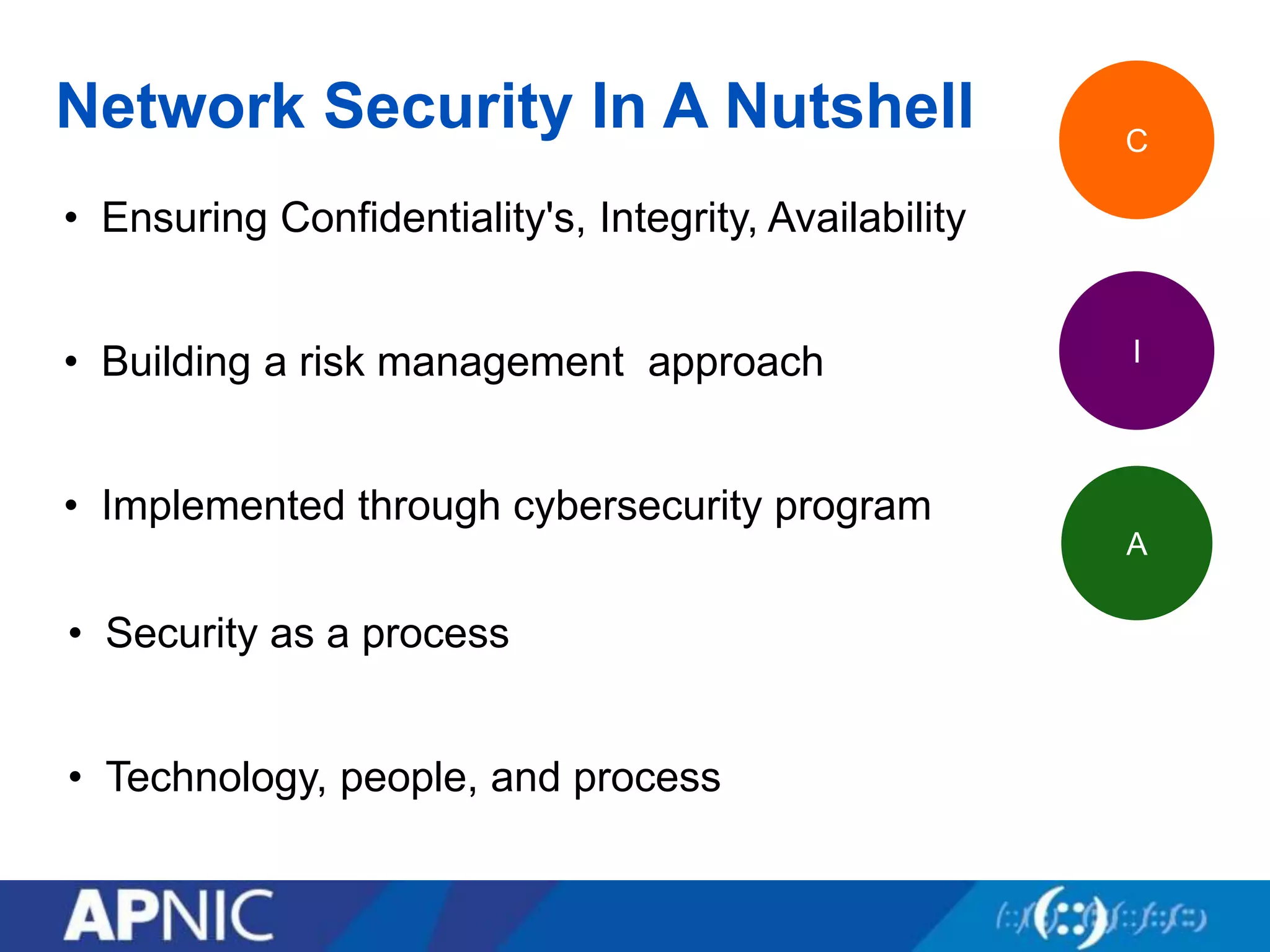 Network Security In A Nutshell
• Ensuring Confidentiality's, Integrity, Availability
• Building a risk management approach
• Implemented through cybersecurity program
C
I
A
• Security as a process
• Technology, people, and process
 