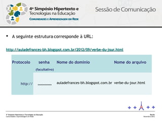  A seguinte estrutura corresponde à URL:

http://auladefrances-bh.blogspot.com.br/2012/09/verbe-du-jour.html


       Protocolo                          senha         Nome do domínio                  Nome do arquivo
                                      (facultativo)



                   http://                              auladefrances-bh.blogspot.com.br verbe-du-jour.html
                                         ************




4º Simpósio Hipertexto e Tecnologias na Educação                                                                 Recife
Comunidades e Aprendizagem em Rede                                                                        Novembro/2012
 