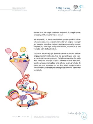 TRABALHOS EM EQUIPE                                                         A PNL e a sua
Ana Maria Ferraz de Campos                                                       vida profissional




                             odeiam ficar em longas conversas enquanto os colegas prefe-
                             rem compartilhar sua forma de pensar.

                             Nas empresas, as áreas competentes podem produzir os re-
                             sultados necessários para complementar um projeto ou lançar
                             um produto. Uma boa equipe trabalha com respeito mútuo,
                             cooperação, confiança, compartilhamento, disposição e boa
                             vontade, além de flexibilidade.

                             O sucesso de uma equipe depende de metas claras e de lide-
                             rança para criar motivação. Isso é o que distingue uma equi-
                             pe de simplesmente um grupo. Trabalhar em equipe é o meio
                             mais adequado para que se possa obter resultados mais ricos.
                             Mentes unidas em direção a uma solução geram produção de
                             ideias que uma só pessoa em sua área, ainda que com muito
                             conhecimento, nem sempre consegue desenvolver e executar
                             sem ajuda.




                                                                                        índice
W W W. P N L .C O M . B R    Copyright SBPNL 2011 · Proibida a reprodução total ou
                             parcial sem autorização ou divulgação sem citar a fonte                 12
 