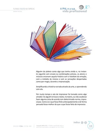 PLAYBACK THEATRE NAS EMPRESAS                                                  A PNL e a sua
Antonio Ferrara                                                                     vida profissional




                                Alguém da plateia conta algo que tenha vivido e, no instan-
                                te seguinte sem ensaio ou combinações prévias, os atores e
                                músicos encenam aquela história com o holofote da emoção,
                                com a melodia da música e com as sensações despertadas
                                como por magia, durante a improvisação.

                                Amplificando a história narrada através da arte, e aprendendo
                                com ela.

                                Por muito tempo o ato de improvisar foi tomado como algo
                                amador. Se alguém errasse o texto, no teatro, ou não soubesse
                                fazer alguma coisa de acordo com determinada norma, impro-
                                visava. Como se o que fosse feito antecipadamente e de forma
                                pensada fosse melhor do que o que fosse feito de improviso.




                                                                                           índice
W W W. P N L .C O M . B R       Copyright SBPNL 2011 · Proibida a reprodução total ou
                                parcial sem autorização ou divulgação sem citar a fonte                 19
 
