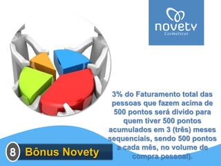 3% do Faturamento total das pessoas que fazem acima de 500 pontos será divido para quem tiver 500 pontos acumulados em 3 (três) meses sequenciais, sendo 500 pontos a cada mês, no volume de compra pessoal).Bônus Novety 
8  