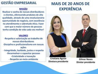 MAIS DE 20 ANOS DE 
EXPERÊNCIA 
Gilmar Neves 
Diretor presidente 
Cristiana Aguiar 
Diretora presidente 
GESTÃO EMPRESARIAL 
MISSÃO 
Realizar o sonho de nossos distribuidores 
e clientes, oferecendo produtos de alta 
qualidade, através de uma revolucionária 
oportunidade de negócio, com excelência 
no atendimento e sobretudo ética. Fazer 
com que o maior número de pessoas 
tenha condição de vida cada vez melhor! 
VALORES 
-Respeito e valorização ao trabalho de 
nossos distribuidores 
-Disciplina e profissionalismo em nossas 
ações 
- Integridade, lealdade, justos e respeito 
-Desenvolver e capacitar pessoas 
-Criatividade e inovação 
- Respeito ao meio-ambiente 
 