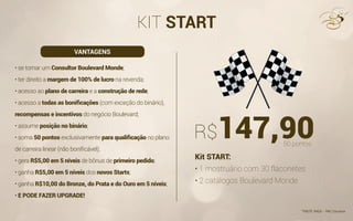 KIT START
• se tornar um Consultor Boulevard Monde;
• ter direito a margem de 100% de lucro na revenda;
• acesso ao plano de carreira e a construção de rede;
• acesso a todas as boniﬁcações (com exceção do binário),
recompensas e incentivos do negócio Boulevard;
• assume posição no binário;
• soma 50 pontos exclusivamente para qualiﬁcação no plano
de carreira linear (não boniﬁcável);
• gera R$5,00 em 5 níveis de bônus de primeiro pedido;
• ganha R$5,00 em 5 níveis dos novos Starts;
• ganha R$10,00 do Bronze, do Prata e do Ouro em 5 níveis;
• E PODE FAZER UPGRADE!
Kit START:
• 1 mostruário com 30 flaconetes
• 2 catálogos Boulevard Monde
*FRETE PAGO - PAC Correios
50 pontos
R$147,90
VANTAGENS
 