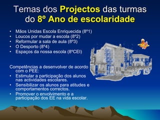 Temas dos  Projectos  das turmas do  8º Ano de escolaridade Mãos Unidas Escola Enriquecida (8º1) Loucos por mudar a escola (8º2) Reformular a sala de aula (8º3) O Desporto (8º4) Espaços da nossa escola (8ºCEI) Competências a desenvolver de acordo com o PEE: Estimular a participação dos alunos nas actividades escolares. Sensibilizar os alunos para atitudes e comportamentos correctos. Promover o envolvimento e a participação dos EE na vida escolar. 