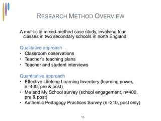 A.L.S. AND SCHOOL ENGAGEMENT
    Class mean of the perceived authenticity (A.L.S.) in a single
    course (four periods per week) also had slight but positive
    effect on the following scales regarding participant's overall
    experience in the school:


    • changing and learning


    • meaning making


    • school engagement (MMS)


    • engagement with learning beyond the school (LF)



These are rather observations than predictions, because of the small sample size
                                       !26
 