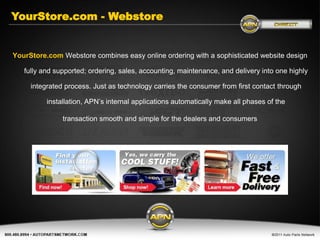 YourStore.com - Webstore


YourStore.com Webstore combines easy online ordering with a sophisticated website design

   fully and supported; ordering, sales, accounting, maintenance, and delivery into one highly

     integrated process. Just as technology carries the consumer from first contact through

          installation, APN’s internal applications automatically make all phases of the

               transaction smooth and simple for the dealers and consumers
 