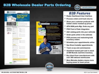 B2B Wholesale Dealer Parts Ordering

                                      B2B Features
                               •   Dealer Dashboard User Interface
                               •   Process orders and track returns
                               •   Show your customer products with
                                   hidden and/or marked up prices
                               •   APN 800# parts Mgr. finds any part
                               •   POS Point of Sale Integration
                               •   Add catalog parts into your estimate
                               •   Order parts while in the estimate
                               •   POS process and restocking bulk
                                   inventory orders
                               •   Schedule your appointments online
                               •   See Direct Installer appointments
                               •   Track co-op and commissions
                               •   AutoVend lowest part cost in stock
                                   of 800 Brands real-time inventory
                               •   Buy direct from manufacturers with
                                   over 300 national warehouses
                               •   More Meineke dealers means more
                                   buying power to lower prices
 