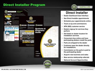 Direct Installer Program

                                Direct Installer
                           • Dealer Dashboard User Interface
                           • See Direct Installer appointments
                           • Schedule your appointments online
                           • Track co-op and commissions
                           • APN (800) customer service
                           • Dealers signup for services they
                             perform
                           • Get listed on dealer locators for
                             installation services
                           • Consumers buy online and have
                             participating dealers install the parts
                           • Parts are shipped to the dealer
                           • Customer pays the dealer directly
                             for installations
                           • Commission on the parts is paid to
                             the participating dealer
                           • Acquire new business and sales
                           • New service relationship referrals
                           • National Account Opportunities
 