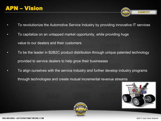 APN – Vision

•   To revolutionize the Automotive Service Industry by providing innovative IT services

•   To capitalize on an untapped market opportunity, while providing huge

    value to our dealers and their customers

•   To be the leader in B2B2C product distribution through unique patented technology

    provided to service dealers to help grow their businesses

•   To align ourselves with the service industry and further develop industry programs

    through technologies and create mutual incremental revenue streams
 