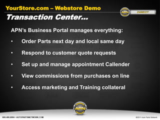 YourStore.com – Webstore Demo
Transaction Center…
 APN’s Business Portal manages everything:

 •   Order Parts next day and local same day

 •   Respond to customer quote requests
          Get Connected today…
 •   Set up and manage appointment Callender

 •   View commissions from purchases on line
             www.AutoPartsNetwork.com
 •   Access marketing and Training collateral
 