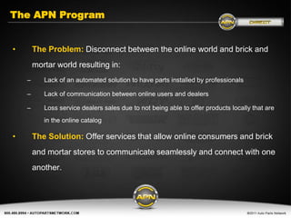 The APN Program


•       The Problem: Disconnect between the online world and brick and
        mortar world resulting in:
    –      Lack of an automated solution to have parts installed by professionals

    –      Lack of communication between online users and dealers

    –      Loss service dealers sales due to not being able to offer products locally that are
           in the online catalog

•       The Solution: Offer services that allow online consumers and brick
        and mortar stores to communicate seamlessly and connect with one
        another.
 