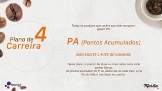 11
Todos os produtos que você e sua rede compram,
geram PA!
Neste plano, é preciso ter duas ou mais redes para você
ganhar bônus.
Os pontos acumulam do 1º ao último dia de cada mês, e no
fim do mês é calculado seu ganho.
 