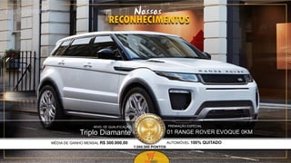34Nossos
RECONHECIMENTOS
01 RANGE ROVER EVOQUE 0KM
AUTOMÓVEL 100% QUITADO
PREMIAÇÃO ESPECIAL
Triplo Diamante
MÉDIA DE GANHO MENSAL R$ 300.000,00
NÍVEL DE QUALIFICAÇÃO
1.000.000 PONTOS
 