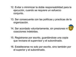 12. Evitar o minimizar la doble responsabilidad para la ejecución, cuando se requiere un esfuerzo conjunto. 13. Ser consecuente con las políticas y practicas de la organización. 14. Ser acordado voluntariamente, sin presiones ni coacciones indebidas. 15. Registrarse por escrito, guardándose una copia que revisara el supervisor y el subordinado. 16. Establecerse no solo por escrito, sino también por el superior y el subordinado. 