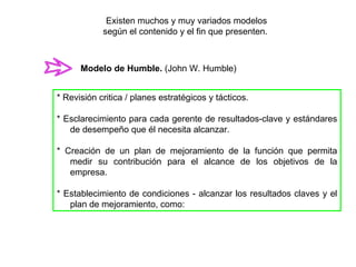 Existen muchos y muy variados modelos según el contenido y el fin que presenten.  Modelo de Humble.  (John W. Humble) * Revisión critica / planes estratégicos y tácticos. * Esclarecimiento para cada gerente de resultados-clave y estándares de desempeño que él necesita alcanzar.  * Creación de un plan de mejoramiento de la función que permita medir su contribución para el alcance de los objetivos de la empresa.  * Establecimiento de condiciones - alcanzar los resultados claves y el plan de mejoramiento, como:  