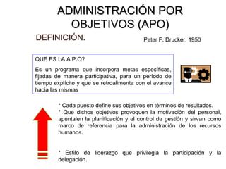 ADMINISTRACIÓN POR OBJETIVOS (APO) DEFINICIÓN. QUE ES LA A.P.O? Es un programa que incorpora metas específicas, fijadas de manera participativa, para un período de tiempo explícito y que se retroalimenta con el avance hacia las mismas * Cada puesto define sus objetivos en términos de resultados. * Que dichos objetivos provoquen la motivación del personal, apuntalen la planificación y el control de gestión y sirvan como marco de referencia para la administración de los recursos humanos. * Estilo de liderazgo que privilegia la participación y la delegación . Peter F. Drucker . 1950 