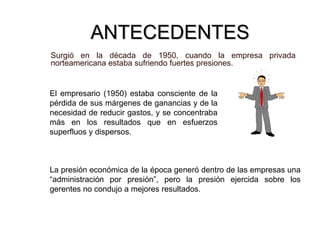 ANTECEDENTES Surgió en la década de 1950, cuando la empresa privada norteamericana estaba sufriendo fuertes presiones. El empresario (1950) estaba consciente de la pérdida de sus márgenes de ganancias y de la necesidad de reducir gastos, y se concentraba más en los resultados que en esfuerzos superfluos y dispersos. La presión económica de la época generó dentro de las empresas una “administración por presión”, pero la presión ejercida sobre los gerentes no condujo a mejores resultados.  