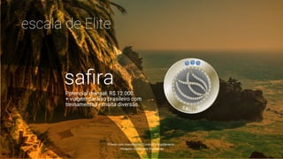 escala de Elite
saﬁra
Potencial mensal: R$ 12.000
+ viagem paraíso brasileiro com
treinamentos e muita diversão. 
Prêmio com manutenção. Consulte o regulamento.
*Imagens meramente ilustrativas
 