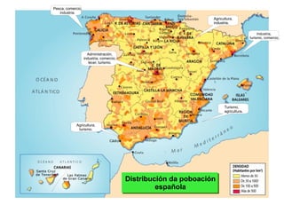 Distribución da poboación española Industria,  turismo, comercio. Turismo, agricultura. Agricultura, industria. Agricultura, turismo. Administración, industria, comercio, lecer, turismo. Pesca, comercio, industria. 