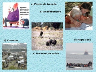 a) Postos de traballo


                     b) Analfabetismo




d) Vivendas                             e) Migracións




               c) Mal nivel de saúde
 