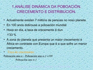 1.ANÁLISE DINÁMICA DA POBOACIÓN.
          CRECEMENTO E DISTRIBUCIÓN.

    Actualmente existen 7 millóns de persoas no noso planeta.

    En 100 anos dobrouse a poboación mundial

    Hoxe en día, a taxa de crecemento é dun
    1'33 %

    A zona do planeta que presenta un maior crecemento é
    África en contraste con Europa que é a que sofre un menor
    crecemento.
• Taxa de crecemento:
Poboación ano n – Poboación ano n-1 x100
         Poboación ano n-1

      DISTRIBUCIÓN E CRECEMENTO MUNDIAL DA POBOACIÓN.
 