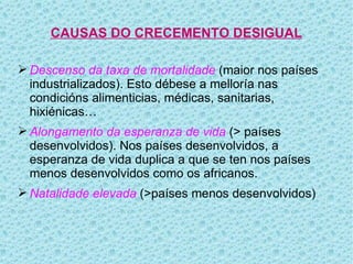 CAUSAS DO CRECEMENTO DESIGUAL

 Descenso da taxa de mortalidade (maior nos países
  industrializados). Esto débese a melloría nas
  condicións alimenticias, médicas, sanitarias,
  hixiénicas…
 Alongamento da esperanza de vida (> países
  desenvolvidos). Nos países desenvolvidos, a
  esperanza de vida duplica a que se ten nos países
  menos desenvolvidos como os africanos.
 Natalidade elevada (>países menos desenvolvidos)
 