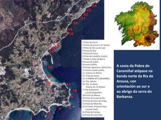 A costa da Pobra do
Caramiñal atópase na
banda norte da Ría de
Arousa, con
orientación ao sur e
ao abrigo da serra do
Barbanza.
 