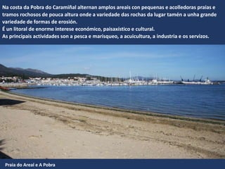 Na costa da Pobra do Caramiñal alternan amplos areais con pequenas e acolledoras praias e
tramos rochosos de pouca altura onde a variedade das rochas da lugar tamén a unha grande
variedade de formas de erosión.
É un litoral de enorme interese económico, paisaxístico e cultural.
As principais actividades son a pesca e marisqueo, a acuicultura, a industria e os servizos.
Praia do Areal e A Pobra
 