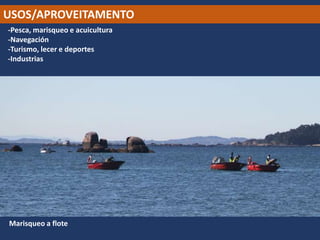 USOS/APROVEITAMENTO
-Pesca, marisqueo e acuicultura
-Navegación
-Turismo, lecer e deportes
-Industrias
Marisqueo a flote
 