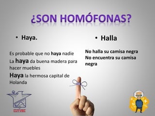 • Haya. • Halla
Es probable que no haya nadie
La haya da buena madera para
hacer muebles
Haya la hermosa capital de
Holanda
No halla su camisa negra
No encuentra su camisa
negra
 