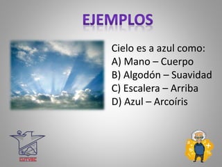 Cielo es a azul como:
A) Mano – Cuerpo
B) Algodón – Suavidad
C) Escalera – Arriba
D) Azul – Arcoíris
 