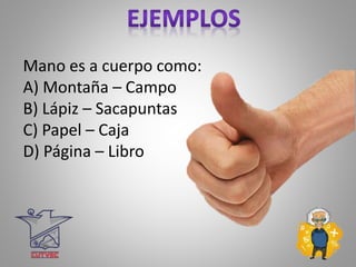 Mano es a cuerpo como:
A) Montaña – Campo
B) Lápiz – Sacapuntas
C) Papel – Caja
D) Página – Libro
 