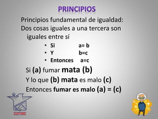 Principios fundamental de igualdad:
Dos cosas iguales a una tercera son
iguales entre sí
• Si a= b
• Y b=c
• Entonces a=c
Si (a) fumar mata (b)
Y lo que (b) mata es malo (c)
Entonces fumar es malo (a) = (c)
 