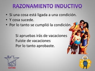• Si una cosa está ligada a una condición.
• Y cosa sucede.
• Por lo tanto se cumplió la condición.
Si apruebas irás de vacaciones
Fuiste de vacaciones
Por lo tanto aprobaste.
 