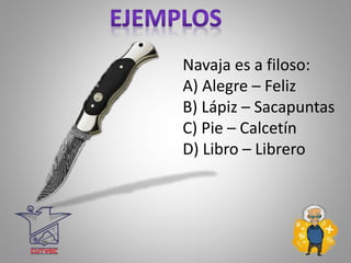 Navaja es a filoso:
A) Alegre – Feliz
B) Lápiz – Sacapuntas
C) Pie – Calcetín
D) Libro – Librero
 