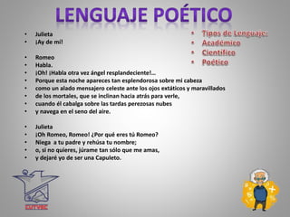 • Julieta
• ¡Ay de mí!
• Romeo
• Habla.
• ¡Oh! ¡Habla otra vez ángel resplandeciente!…
• Porque esta noche apareces tan esplendorosa sobre mi cabeza
• como un alado mensajero celeste ante los ojos extáticos y maravillados
• de los mortales, que se inclinan hacia atrás para verle,
• cuando él cabalga sobre las tardas perezosas nubes
• y navega en el seno del aire.
• Julieta
• ¡Oh Romeo, Romeo! ¿Por qué eres tú Romeo?
• Niega a tu padre y rehúsa tu nombre;
• o, si no quieres, júrame tan sólo que me amas,
• y dejaré yo de ser una Capuleto.
 
