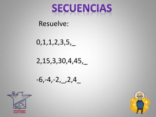 0,1,1,2,3,5,_
2,15,3,30,4,45,_
-6,-4,-2,_,2,4_
Resuelve:
 