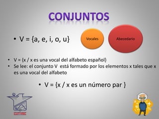 • V = {a, e, i, o, u} AbecedarioVocales
• V = {x / x es una vocal del alfabeto español}
• Se lee: el conjunto V está formado por los elementos x tales que x
es una vocal del alfabeto
• V = {x / x es un número par }
 