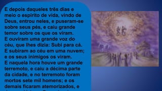 E depois daqueles três dias e
meio o espírito de vida, vindo de
Deus, entrou neles, e puseram-se
sobre seus pés, e caiu grande
temor sobre os que os viram.
E ouviram uma grande voz do
céu, que lhes dizia: Subi para cá.
E subiram ao céu em uma nuvem;
e os seus inimigos os viram.
E naquela hora houve um grande
terremoto, e caiu a décima parte
da cidade, e no terremoto foram
mortos sete mil homens; e os
demais ficaram atemorizados, e
 