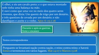 E olhei, e eis um cavalo preto; e o que estava montado
nele tinha uma balança na mão.
E ouvi como que uma voz no meio dos quatro seres
viventes, que dizia: Um queniz de trigo por um denário,
e três quenizes de cevada por um denário; e não
danifiques o azeite e o vinho. Apoc 6: 05 e 06
E olhei, e eis um cavalo preto; e o que estava montado
nele tinha uma balança na mão.
E ouvi como que uma voz no meio dos quatro seres
viventes, que dizia: Um queniz de trigo por um denário,
e três quenizes de cevada por um denário; e não
danifiques o azeite e o vinho. Apoc 6: 05 e 06
Durante e após as guerras,
fome e escassez
Durante e após as guerras,
fome e escassez
 