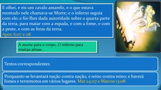 E olhei, e eis um cavalo amarelo, e o que estava
montado nele chamava-se Morte; e o inferno seguia
com ele; e foi-lhes dada autoridade sobre a quarta parte
da terra, para matar com a espada, e com a fome, e com
a peste, e com as feras da terra.
Apoc 6:07 e 08
E olhei, e eis um cavalo amarelo, e o que estava
montado nele chamava-se Morte; e o inferno seguia
com ele; e foi-lhes dada autoridade sobre a quarta parte
da terra, para matar com a espada, e com a fome, e com
a peste, e com as feras da terra.
Apoc 6:07 e 08
A morte para o corpo. O inferno para
muitas almas.
A morte para o corpo. O inferno para
muitas almas.
 