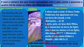 “Rubem, tu és meu primogênito, minha força e o
princípio de meu vigor, o mais excelente em alteza
e o mais excelente em poder. Impetuoso como a
água, não serás o mais excelente, porquanto
subiste ao leito de teu pai. Então o contaminaste;
subiu à minha cama.” Gên 49:3-4
Continua o primogênito, mas perdeu o direito à
porção dobrada que foi repassada à José.
Na distribuição das
Terras em Canaã, as
tribos de Dã e Efraim
receberam sua parte.
Mas, na eleição dos
144.000, foram
excluídas e em seu
lugar ficaram José e
Levi, que não tiveram
parte na primeira
distribuição.
Em 1 Reis 12.25-33 a Cidade de Dã
é identificada como o local onde
um dos dois bezerros de ouro foi
colocado para adoração após a
morte de Salomão. O outro estava
em Betel, na região de Efraim.
Quando foram dedicados, os
sacerdotes pagãos citaram as
palavras que o povo falou na
introdução original do bezerro de
ouro no Monte Sinai, dizendo "Eis
aqui teus deuses, ó Israel, que te
tirou da terra do Egito" (Êx. 32:4).
E ouvi o número dos que foram assinalados com o selo, cento e quarenta e
quatro mil de todas as tribos dos filhos de Israel: Apocalipse 7:4
E disse Jacó a José: O Deus Todo-
Poderoso me apareceu em Luz,
na terra de Canaã, e me
abençoou, ...(v.3)
Agora, pois, os teus dois filhos,
que nasceram na terra do Egito
antes que eu viesse a ti no Egito,
são meus: Efraim e Manassés
serão meus, como Rúben e
Simeão; Gên 48:3 e 5
 