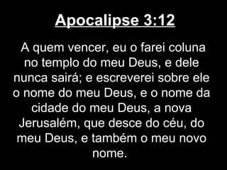 Apocalipse 3:12
 A quem vencer, eu o farei coluna
  no templo do meu Deus, e dele
nunca sairá; e escreverei sobre ele
o nome do meu Deus, e o nome da
   cidade do meu Deus, a nova
 Jerusalém, que desce do céu, do
 meu Deus, e também o meu novo
              nome.
 
