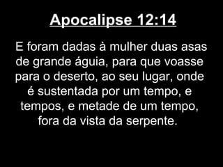 Apocalipse 12:14
E foram dadas à mulher duas asas
de grande águia, para que voasse
para o deserto, ao seu lugar, onde
   é sustentada por um tempo, e
 tempos, e metade de um tempo,
     fora da vista da serpente.
 