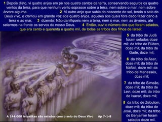 A 144.000 israelitas são selados com o selo do Deus Vivo Ap 7-1-8
1 Depois disto, vi quatro anjos em pé nos quatro cantos da terra, conservando seguros os quatro
ventos da terra, para que nenhum vento soprasse sobre a terra, nem sobre o mar, nem sobre
árvore alguma. 2 Vi outro anjo que subia do nascente do sol, tendo o selo do
Deus vivo, e clamou em grande voz aos quatro anjos, aqueles aos quais fora dado fazer dano à
terra e ao mar, 3 dizendo: Não danifiqueis nem a terra, nem o mar, nem as árvores, até
selarmos na fronte os servos do nosso Deus. 4 Então, ouvi o número dos que foram selados,
que era cento e quarenta e quatro mil, de todas as tribos dos filhos de Israel:
5 da tribo de Judá
foram selados doze
mil; da tribo de Rúben,
doze mil; da tribo de
Gade, doze mil;
6 da tribo de Aser,
doze mil; da tribo de
Naftali, doze mil; da
tribo de Manassés,
doze mil;
7 da tribo de Simeão,
doze mil; da tribo de
Levi, doze mil; da tribo
de Isacar, doze mil;
8 da tribo de Zebulom,
doze mil; da tribo de
José, doze mil; da tribo
de Benjamim foram
selados doze mil.
 