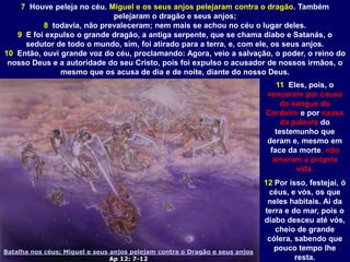 Batalha nos céus; Miguel e seus anjos pelejam contra o Dragão e seus anjos
Ap 12: 7-12
7 Houve peleja no céu. Miguel e os seus anjos pelejaram contra o dragão. Também
pelejaram o dragão e seus anjos;
8 todavia, não prevaleceram; nem mais se achou no céu o lugar deles.
9 E foi expulso o grande dragão, a antiga serpente, que se chama diabo e Satanás, o
sedutor de todo o mundo, sim, foi atirado para a terra, e, com ele, os seus anjos.
10 Então, ouvi grande voz do céu, proclamando: Agora, veio a salvação, o poder, o reino do
nosso Deus e a autoridade do seu Cristo, pois foi expulso o acusador de nossos irmãos, o
mesmo que os acusa de dia e de noite, diante do nosso Deus.
11 Eles, pois, o
venceram por causa
do sangue do
Cordeiro e por causa
da palavra do
testemunho que
deram e, mesmo em
face da morte, não
amaram a própria
vida.
12 Por isso, festejai, ó
céus, e vós, os que
neles habitais. Ai da
terra e do mar, pois o
diabo desceu até vós,
cheio de grande
cólera, sabendo que
pouco tempo lhe
resta.
 