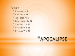*
*Desafio:
*5ª - caps 1 a 3
*6ª - caps 4 a 6
*Sáb - caps 7 a 9
*Dom - caps 10 a 12
*2ª - caps 13 a 15
*3ª - caps 16 a 18
*4ª - caps 19 a 22
 